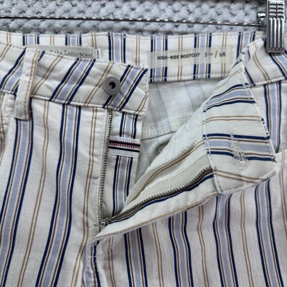 Pilco Pants Womens 28 Cream Brown Blue Striped High Rise Bootcut Raw Hem Casual - Picture 6 of 15